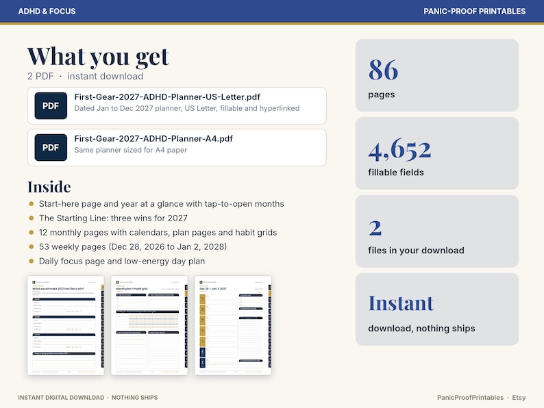 May include: A digital ADHD and focus planner set featuring 86 pages and 4,652 fillable fields. Includes two PDF files for US Letter and A4 paper sizes. The layout contains a start-here page, yearly overview, 12 monthly calendars, 53 weekly pages, and daily focus templates.