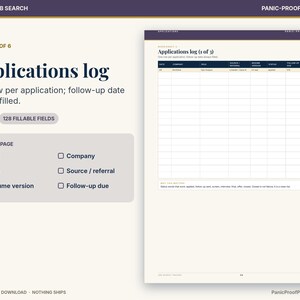 May include: A digital job application log template featuring a dark purple header with the text Applications log. The page includes a table with columns for date, company, role, source, resume version, status, and follow-up due date.