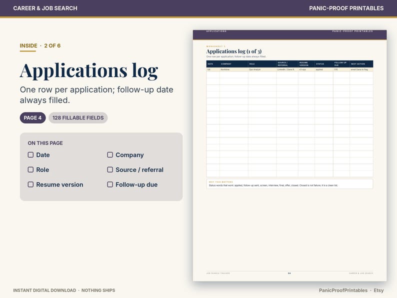 May include: A digital job application log template featuring a dark purple header with the text Applications log. The page includes a table with columns for date, company, role, source, resume version, status, and follow-up due date.