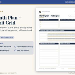 May include: A digital planner page titled Month Plan + Habit Grid featuring sections for Top 3 for the month, Starts I keep avoiding, a 31-day habit grid, Wins this month, and Notes / what I learned with 181 fillable fields total.