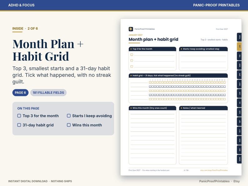 May include: A digital planner page titled Month Plan + Habit Grid featuring sections for Top 3 for the month, Starts I keep avoiding, a 31-day habit grid, Wins this month, and Notes / what I learned with 181 fillable fields total.