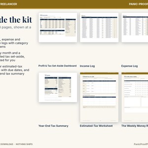 May include: A digital business and freelancer printable kit featuring six pages including an income log, expense log, profit and tax set-aside dashboard, year-end tax summary, estimated-tax worksheet, and a weekly money routine tracker.