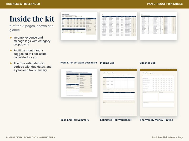 May include: A digital business and freelancer printable kit featuring six pages including an income log, expense log, profit and tax set-aside dashboard, year-end tax summary, estimated-tax worksheet, and a weekly money routine tracker.