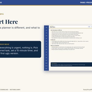 May include: A digital planner page titled Start Here with instructions on how to use the planner. The layout includes sections for How this planner is different, Do this now, and Rules we recommend, featuring a dark blue sidebar with month tabs.