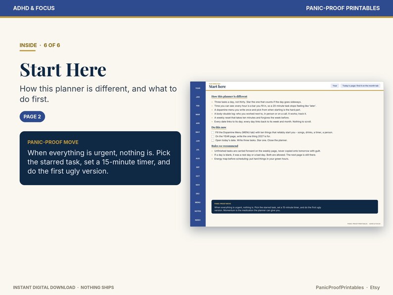 May include: A digital planner page titled Start Here with instructions on how to use the planner. The layout includes sections for How this planner is different, Do this now, and Rules we recommend, featuring a dark blue sidebar with month tabs.