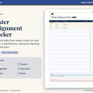 Puede incluir: Una p&aacute;gina de planificador digital Master Assignment Tracker con columnas para fechas de entrega, cursos, tareas, horas estimadas y casillas de verificaci&oacute;n para tareas iniciadas y terminadas, incluyendo 138 campos rellenables.