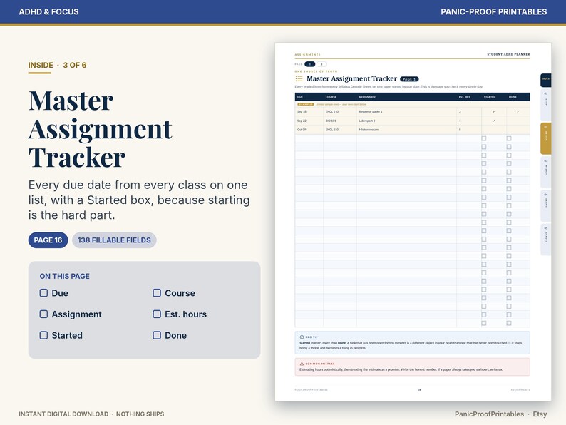 Puede incluir: Una p&aacute;gina de planificador digital Master Assignment Tracker con columnas para fechas de entrega, cursos, tareas, horas estimadas y casillas de verificaci&oacute;n para tareas iniciadas y terminadas, incluyendo 138 campos rellenables.