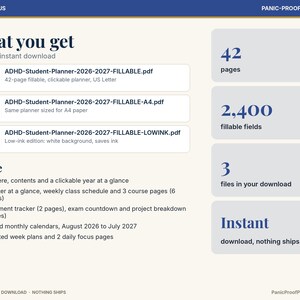 以下が含まれることがあります： 3つのPDFファイル、42ページ、2,400の入力可能フィールドを備えたADHD学生向けデジタルプランナーセット。クリック可能な年間カレンダー、学期スケジュール、課題トラッカー、試験カウントダウン、2026年8月から2027年7月までの12ヶ月分の月間カレンダーが含まれています。