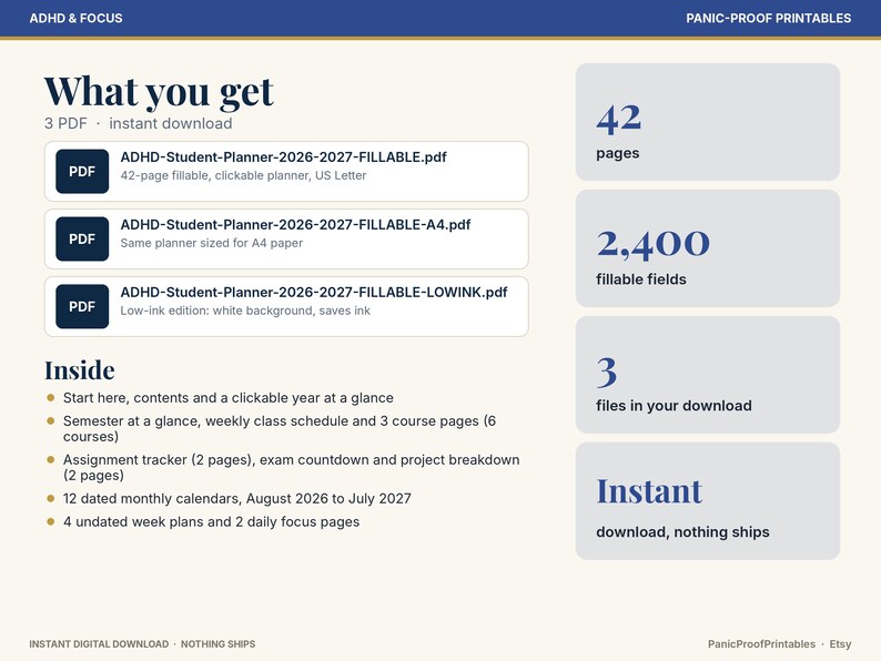 以下が含まれることがあります： 3つのPDFファイル、42ページ、2,400の入力可能フィールドを備えたADHD学生向けデジタルプランナーセット。クリック可能な年間カレンダー、学期スケジュール、課題トラッカー、試験カウントダウン、2026年8月から2027年7月までの12ヶ月分の月間カレンダーが含まれています。