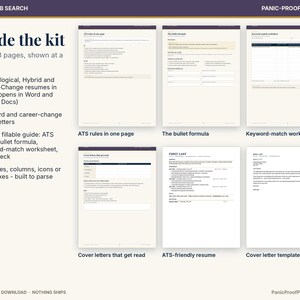 May include: A digital career and job search kit featuring six printable pages including ATS rules, a bullet formula, a keyword-match worksheet, cover letters that get read, an ATS-friendly resume, and a cover letter template.