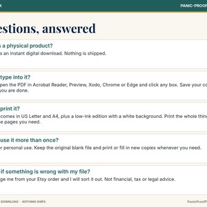 May include: An informational graphic titled Questions, answered with a dark green header and footer. It lists five FAQs about a digital download, including details on printing, typing into PDF files, and personal use policies.