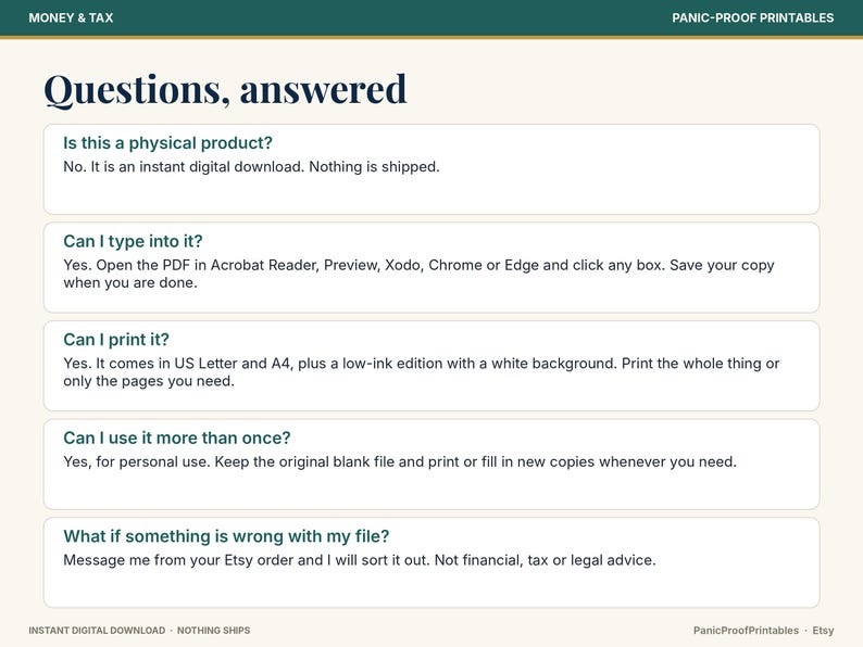 May include: An informational graphic titled Questions, answered with a dark green header and footer. It lists five FAQs about a digital download, including details on printing, typing into PDF files, and personal use policies.