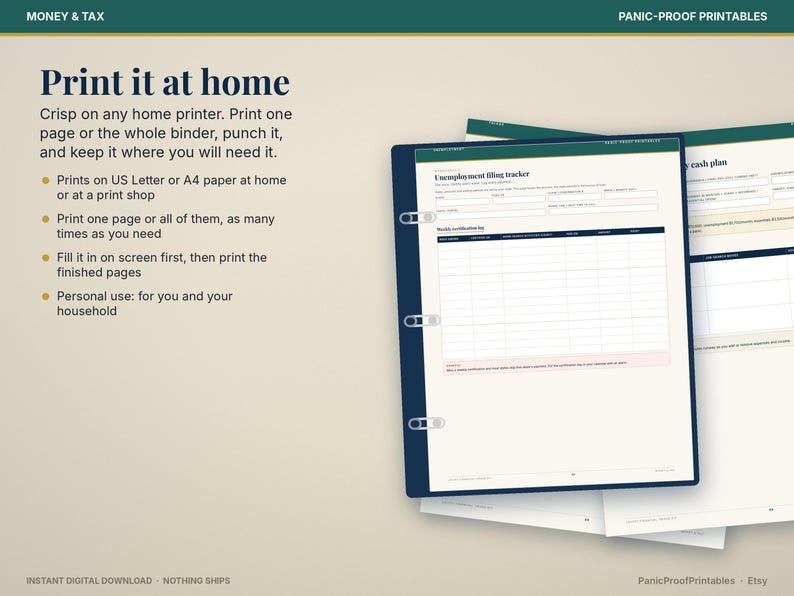 May include: A digital printable document titled Unemployment filing tracker with a dark blue border, held in a three-ring binder. The page features a table for weekly certification logs, with text instructions on the left side for home printing.
