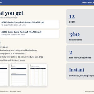 Puede incluir: Un paquete digital de descarga mental para TDAH con 12 p&aacute;ginas y 360 campos rellenables. Incluye dos archivos PDF en tama&ntilde;os US Letter y A4. El dise&ntilde;o enumera secciones para una p&aacute;gina de inicio, descarga de ideas y planificaci&oacute;n.