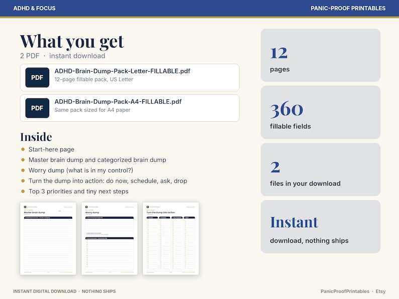 Puede incluir: Un paquete digital de descarga mental para TDAH con 12 p&aacute;ginas y 360 campos rellenables. Incluye dos archivos PDF en tama&ntilde;os US Letter y A4. El dise&ntilde;o enumera secciones para una p&aacute;gina de inicio, descarga de ideas y planificaci&oacute;n.