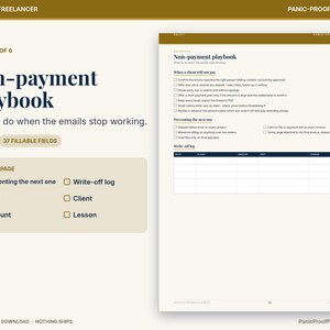 May include: A digital document titled Non-payment playbook with the subtitle What to do when the emails stop working. It features a checklist for handling non-paying clients, a section for preventing future issues, and a write-off log table.