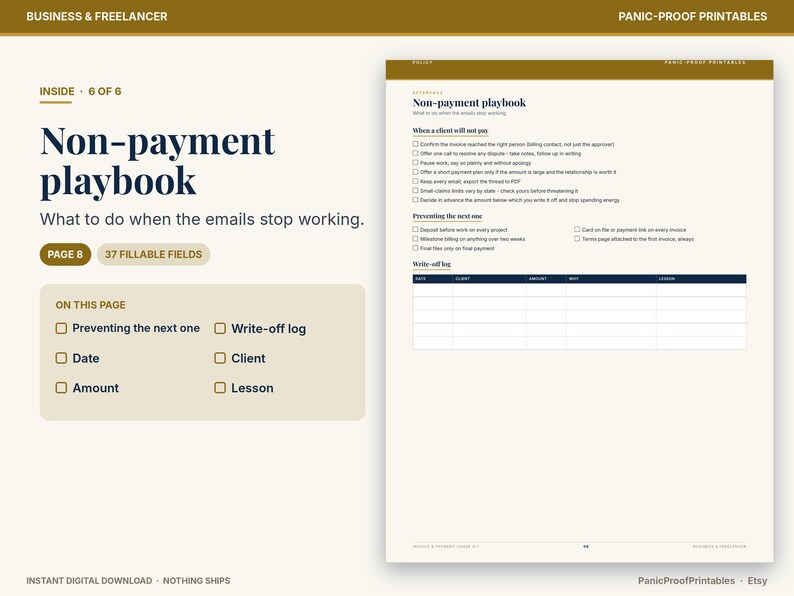 May include: A digital document titled Non-payment playbook with the subtitle What to do when the emails stop working. It features a checklist for handling non-paying clients, a section for preventing future issues, and a write-off log table.