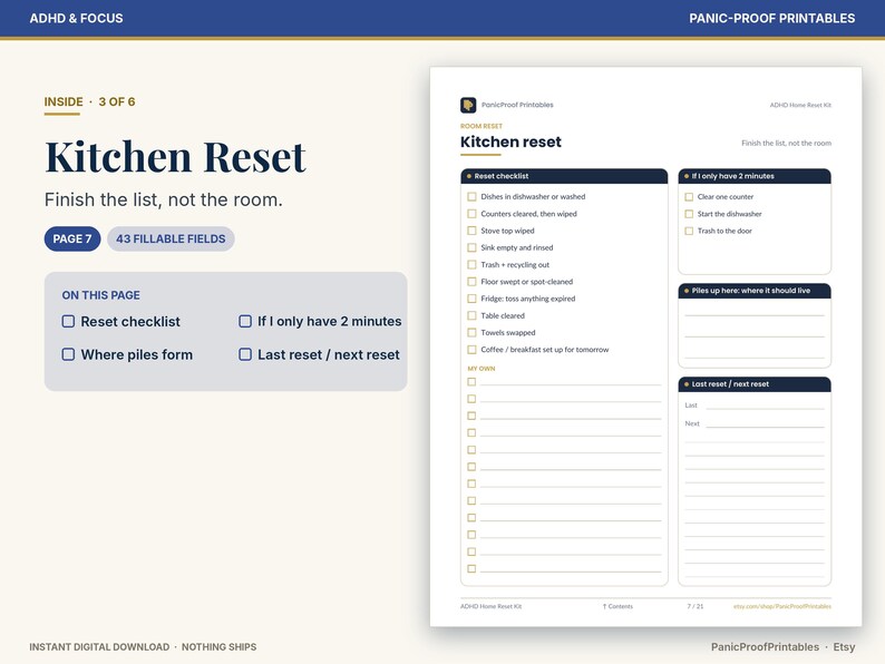 May include: A digital printable page titled Kitchen Reset with the subtitle Finish the list, not the room. The document includes a reset checklist, a 2-minute task section, a space for piles, and a last reset/next reset tracker with 43 fillable fields.
