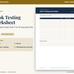 May include: A digital Hook Testing Worksheet with a dark blue header and white background. The document features a table with columns for Hook, Score, and Reason/Rewrite, plus a section for Winning Hook and Why, containing 19 fillable fields.