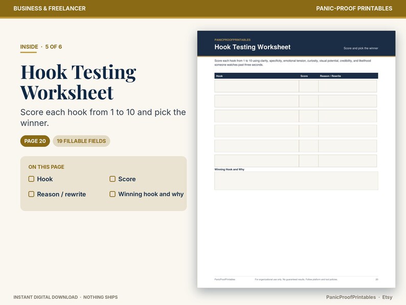May include: A digital Hook Testing Worksheet with a dark blue header and white background. The document features a table with columns for Hook, Score, and Reason/Rewrite, plus a section for Winning Hook and Why, containing 19 fillable fields.