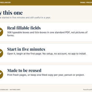 May include: A digital document infographic titled Why this one, featuring three sections with gold checkmark icons. The text highlights real fillable fields with 306 typeable boxes, a five-minute start time, and a reusable format for annual use.