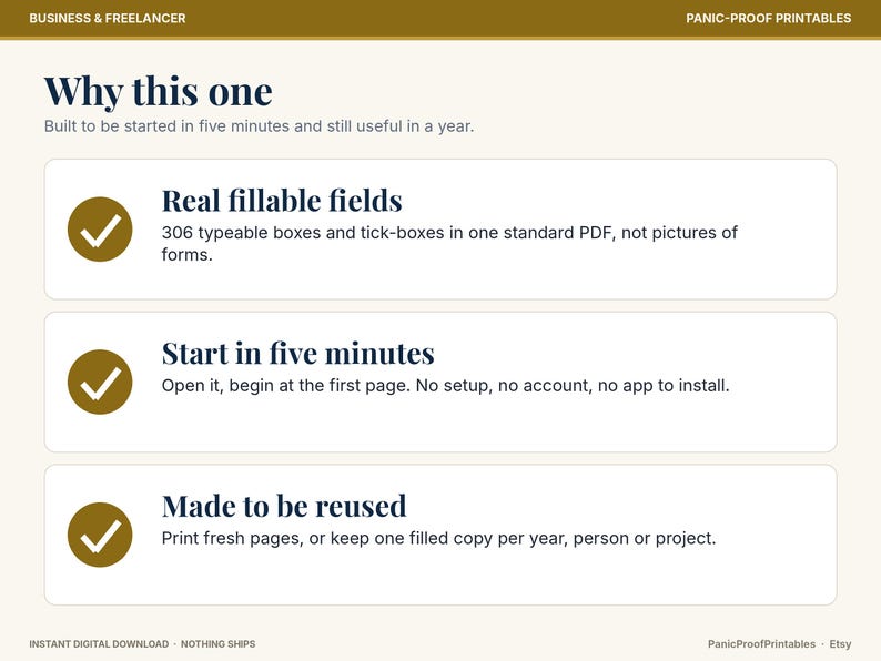 May include: A digital document infographic titled Why this one, featuring three sections with gold checkmark icons. The text highlights real fillable fields with 306 typeable boxes, a five-minute start time, and a reusable format for annual use.