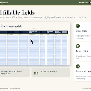 May include: A digital worksheet titled High-value items schedule with fillable light blue fields for tracking electronics and jewelry. The layout includes instructions to click, type, and save, with 842 total fields and 115 on this page.