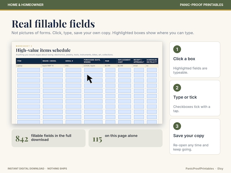 May include: A digital worksheet titled High-value items schedule with fillable light blue fields for tracking electronics and jewelry. The layout includes instructions to click, type, and save, with 842 total fields and 115 on this page.