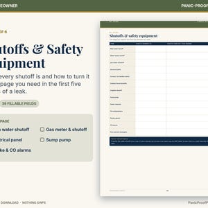 May include: A printable document titled Shutoffs & Safety Equipment featuring a table with columns for item, location, shutoff instructions, and notes. The page includes a checklist for main water, gas, electrical, and safety devices.