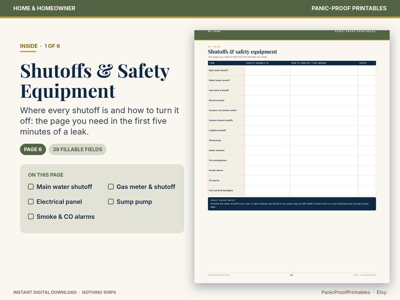 May include: A printable document titled Shutoffs & Safety Equipment featuring a table with columns for item, location, shutoff instructions, and notes. The page includes a checklist for main water, gas, electrical, and safety devices.