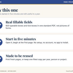 May include: A digital product information graphic titled ADHD & FOCUS and PANIC-PROOF PRINTABLES. It lists three features: Real fillable fields with 925 typeable boxes, Start in five minutes with no setup, and Made to be reused for fresh pages.