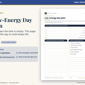 May include: A digital planner page titled Low-Energy Day Plan with sections for Non-negotiables, Parked until tomorrow, and What would help right now. The layout includes checkboxes and lined fields for task management, featuring a dark blue and white color scheme with monthly tabs on the right side.