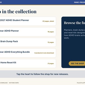 Puede incluir: Un men&uacute; de colecci&oacute;n de productos digitales titulado Also in the collection, que enumera art&iacute;culos como 2026-2027 ADHD Student Planner, First Gear ADHD Planner, ADHD Brain Dump Pack, First Gear ADHD Everything Bundle y ADHD Home Reset Kit.