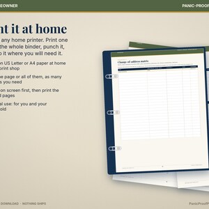 May include: A digital printable document titled Change-of-address matrix, displayed in a dark blue binder. The page features a grid layout for tracking address changes, with text instructions on the left side for home printing on US Letter paper.