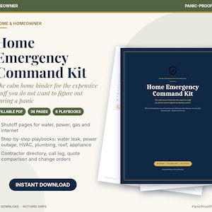 May include: A Home Emergency Command Kit digital binder with a dark blue cover and white text. The kit includes 36 pages, 6 playbooks, and fillable PDF forms for water, power, gas, and internet shutoffs, plus contractor directories and call logs.