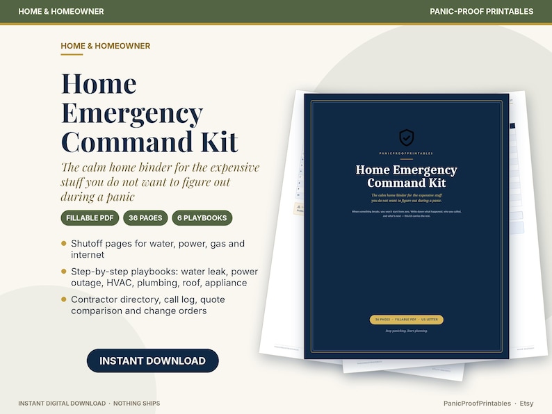 Puede incluir: Un archivador digital Home Emergency Command Kit con cubierta azul oscuro y texto blanco. El kit incluye 36 p&aacute;ginas, 6 manuales, formularios PDF rellenables para cortes de agua, luz, gas e internet, adem&aacute;s de directorios de contratistas y registros.