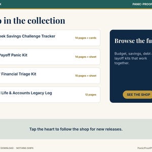 以下が含まれることがあります： Also in the collectionというタイトルのデジタルコレクションメニュー。52-Week Savings Challenge Tracker、Debt Payoff Panic Kit、Layoff Financial Triage Kit、Digital Life & Accounts Legacy Logがリストされ、Browse the full setボタンが表示されています。