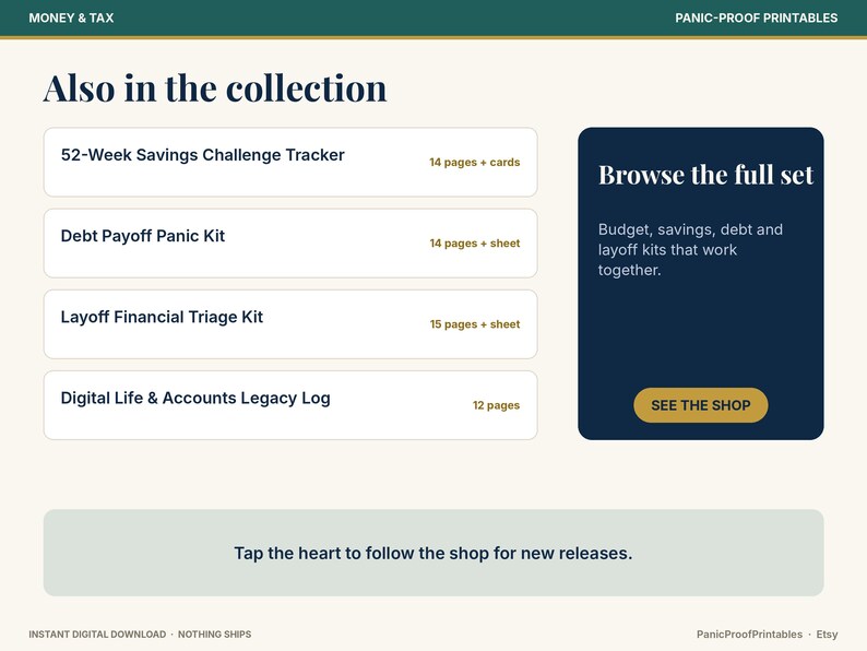以下が含まれることがあります： Also in the collectionというタイトルのデジタルコレクションメニュー。52-Week Savings Challenge Tracker、Debt Payoff Panic Kit、Layoff Financial Triage Kit、Digital Life & Accounts Legacy Logがリストされ、Browse the full setボタンが表示されています。