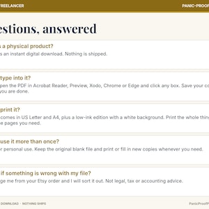 May include: An informational graphic titled Questions, answered with a gold header and footer. It lists five frequently asked questions about a digital download product, including details on printing, typing into PDF files, and personal use.