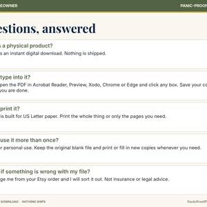 Puede incluir: Un gr&aacute;fico informativo titulado Questions, answered con cinco secciones de preguntas frecuentes sobre una descarga digital. Explica que el producto no es f&iacute;sico, permite escribir en lectores PDF, se ajusta al papel US Letter, admite usos m&uacute;ltiples y ofrece soporte para problemas de archivos.
