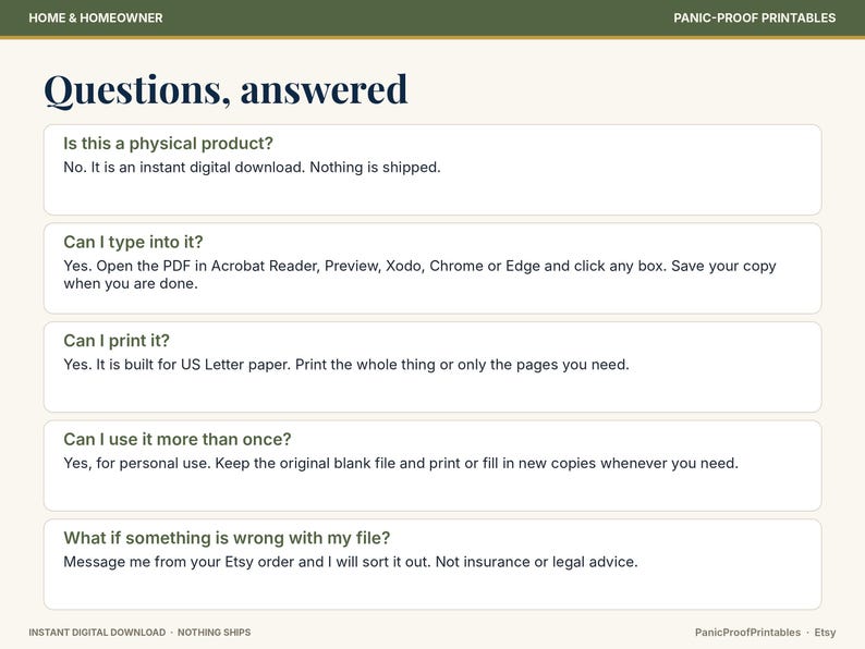 Puede incluir: Un gr&aacute;fico informativo titulado Questions, answered con cinco secciones de preguntas frecuentes sobre una descarga digital. Explica que el producto no es f&iacute;sico, permite escribir en lectores PDF, se ajusta al papel US Letter, admite usos m&uacute;ltiples y ofrece soporte para problemas de archivos.