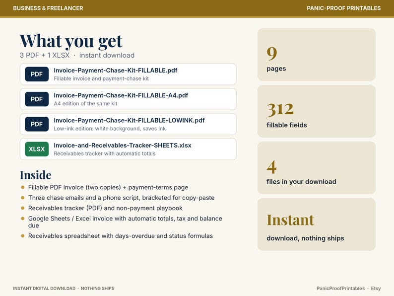 May include: A digital product listing titled What you get, featuring 3 PDF and 1 XLSX files for an invoice and payment-chase kit. It lists 9 pages, 312 fillable fields, 4 files, and details contents like a receivables tracker and email scripts.