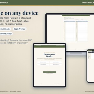 May include: A digital Homeowner Binder template displayed on a laptop, tablet, and smartphone. The screen shows fillable PDF form fields, text reading Type on any device, and software compatibility icons for Adobe Acrobat, Apple Preview, Xodo, and Chrome.