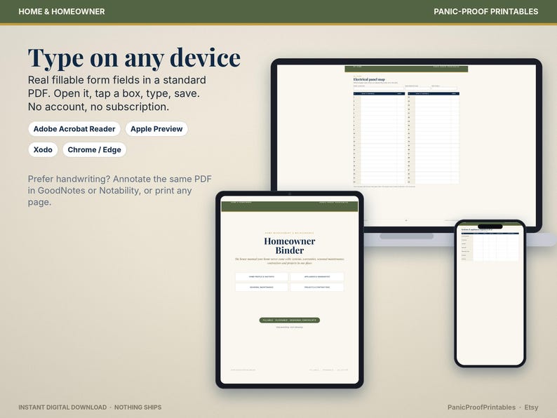 May include: A digital Homeowner Binder template displayed on a laptop, tablet, and smartphone. The screen shows fillable PDF form fields, text reading Type on any device, and software compatibility icons for Adobe Acrobat, Apple Preview, Xodo, and Chrome.