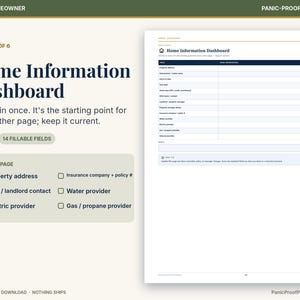 Puede incluir: Un documento imprimible Home Information Dashboard que presenta una tabla con 14 campos rellenables para detalles de la propiedad, proveedores de servicios p&uacute;blicos e informaci&oacute;n de seguros, incluyendo una lista de verificaci&oacute;n de elementos.