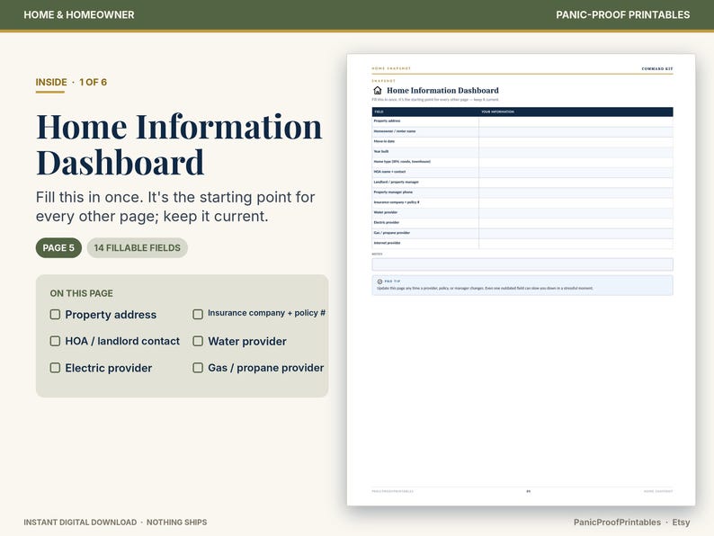 Puede incluir: Un documento imprimible Home Information Dashboard que presenta una tabla con 14 campos rellenables para detalles de la propiedad, proveedores de servicios p&uacute;blicos e informaci&oacute;n de seguros, incluyendo una lista de verificaci&oacute;n de elementos.
