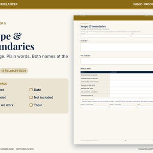 May include: A digital business worksheet titled Scope & boundaries with 14 fillable fields. The document includes sections for project details, included and not included items, and a table for how we work, with signature lines at the bottom.