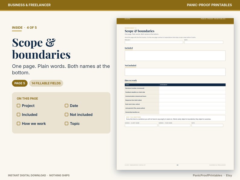 May include: A digital business worksheet titled Scope & boundaries with 14 fillable fields. The document includes sections for project details, included and not included items, and a table for how we work, with signature lines at the bottom.
