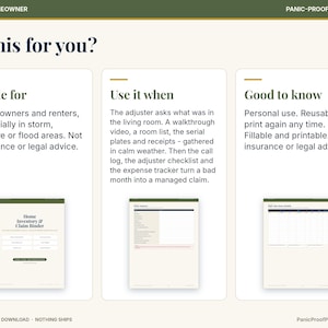 May include: A digital home inventory and claim binder printable set featuring three sections: Made for, Use it when, and Good to know. The document includes a cover page, a room list, and an expense tracker, all designed for homeowners and renters.