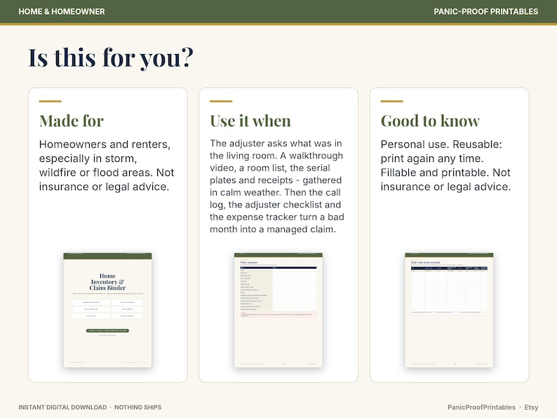 May include: A digital home inventory and claim binder printable set featuring three sections: Made for, Use it when, and Good to know. The document includes a cover page, a room list, and an expense tracker, all designed for homeowners and renters.